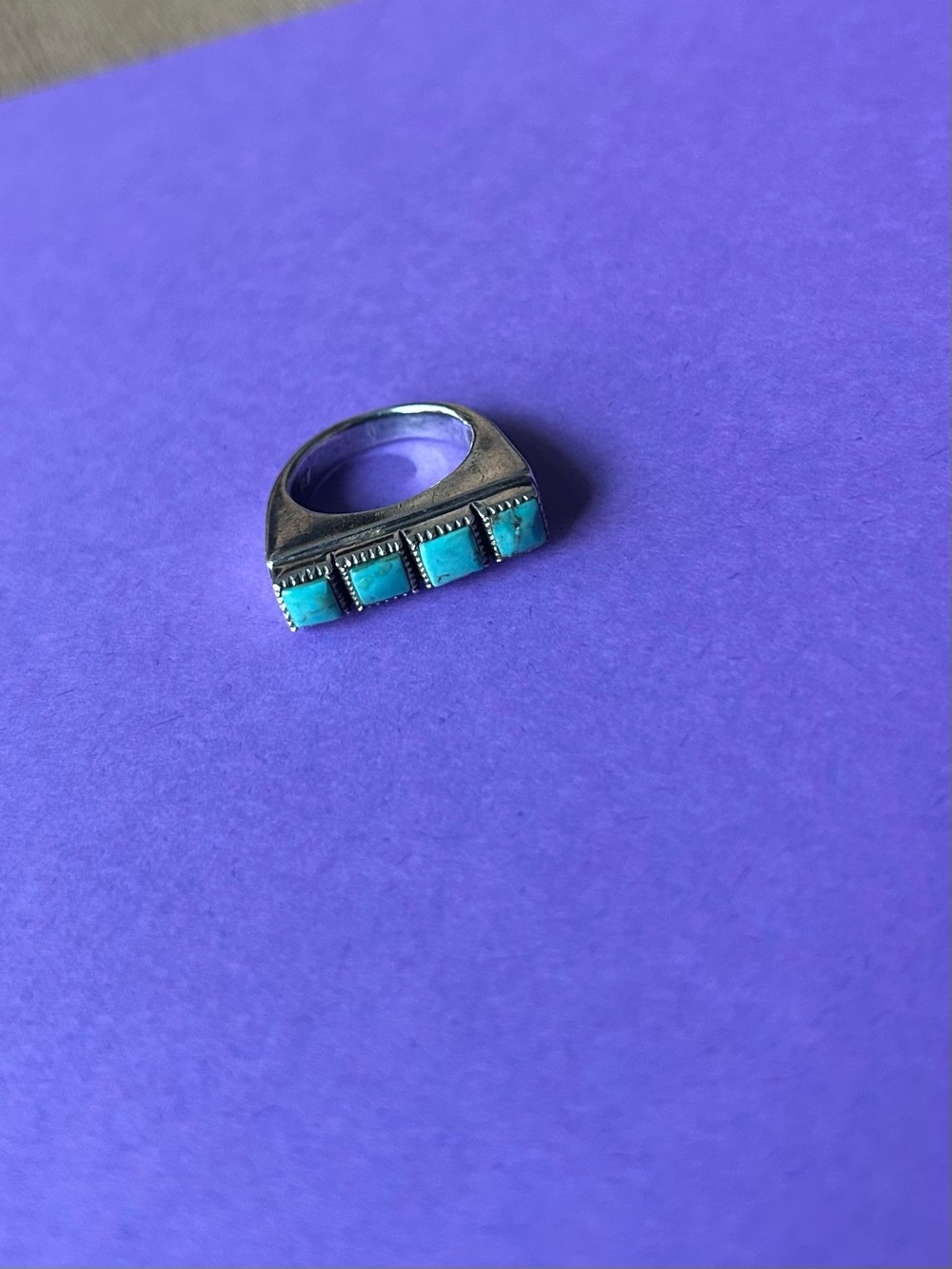 Wide Sterling Silver Turquoise Four Stone Inlaid Bar Ring Size 7 Vintage!